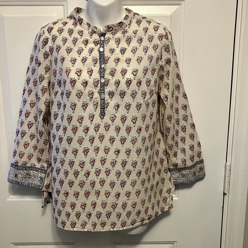 Calypso St. Barth Size XS Beige Button Up Long Sleeve Print Blouse Women's
